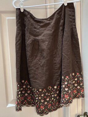 Ann Taylor Brown Linen Embroidered Skirt 12
